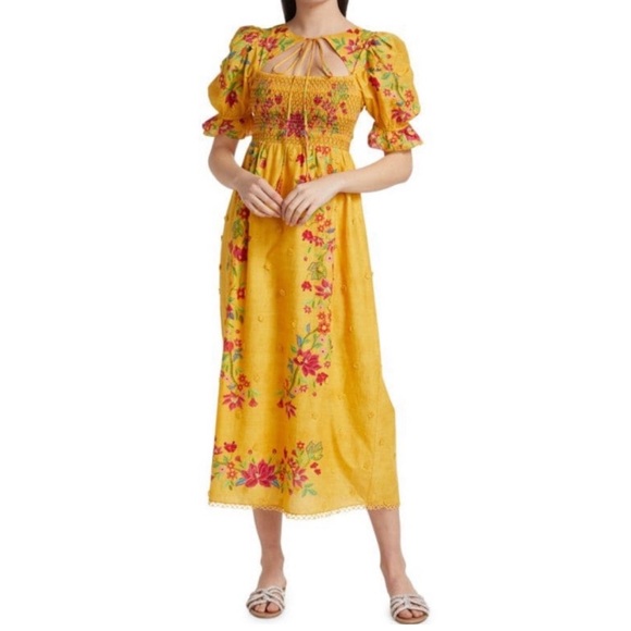 FARM Rio Dresses & Skirts - Farm Rio Flower Dream Floral Smocked Puff-Sleeve Maxi Dress Yellow Small NWOT